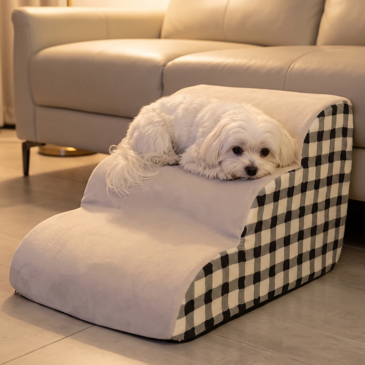 Hop 2-Step Pet Stairs with a maltese in the evening