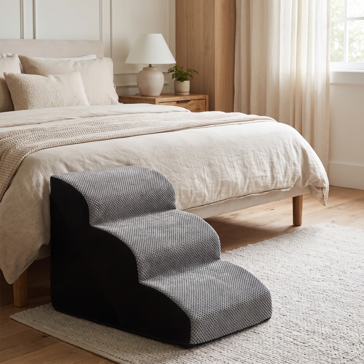 Hop 3-Step Memory Foam Pet Stairs beside a bed