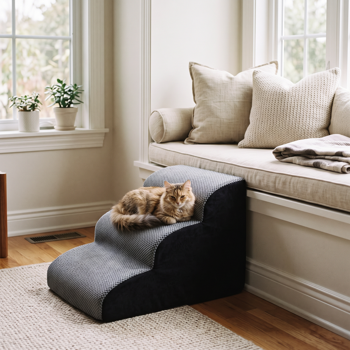 Hop 3-Step Memory Foam Pet Stairs with a cat by the window