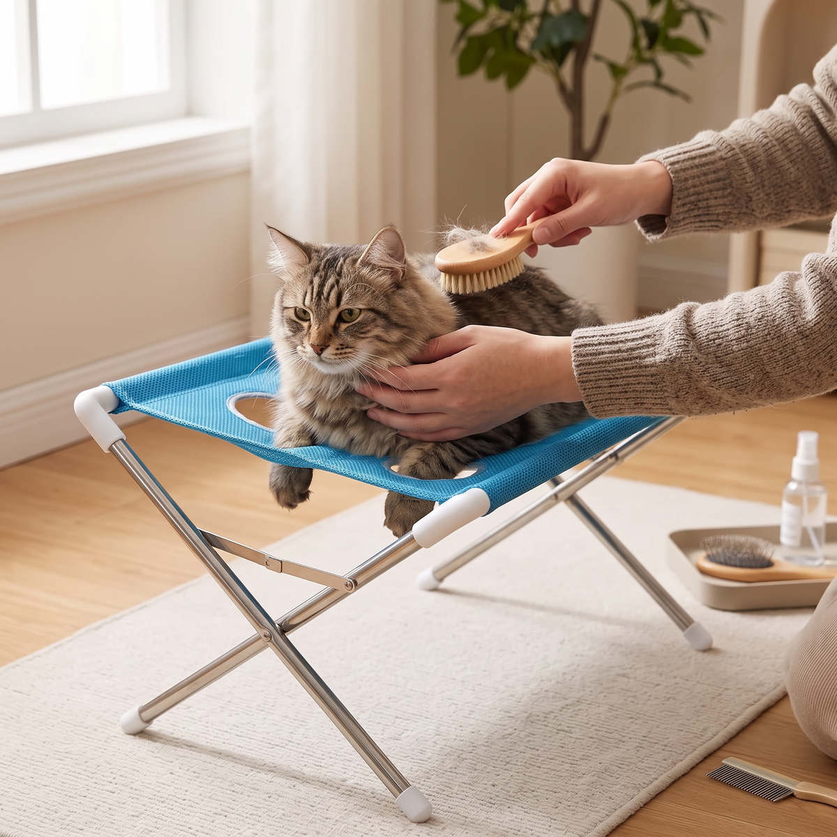 Steady Dog Grooming Hammock with a cat being brushed