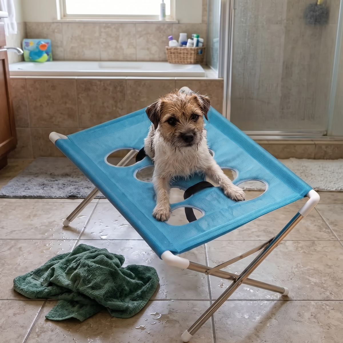 Steady Dog Grooming Hammock with a terrier after a bath