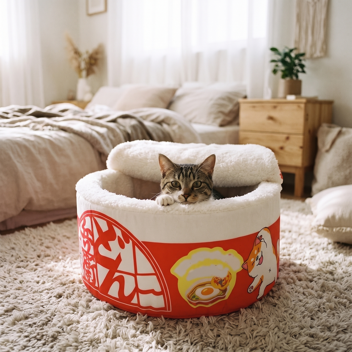 Twirl Fleece-Lined Noodle Cat Bed with a tabby peeking out