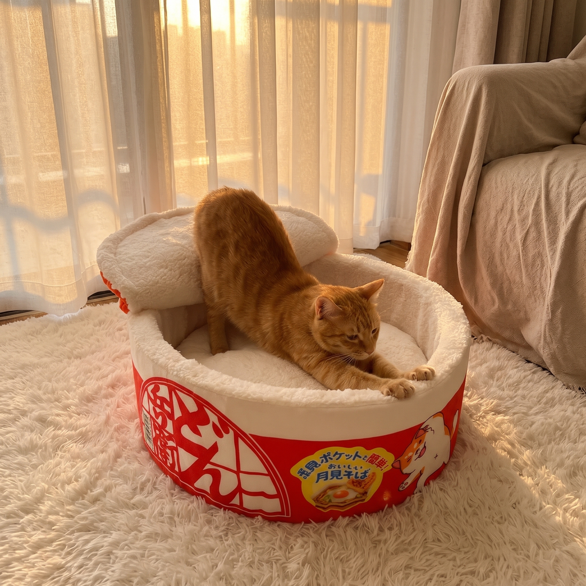 Twirl Fleece-Lined Noodle Cat Bed with a ginger cat in the evening