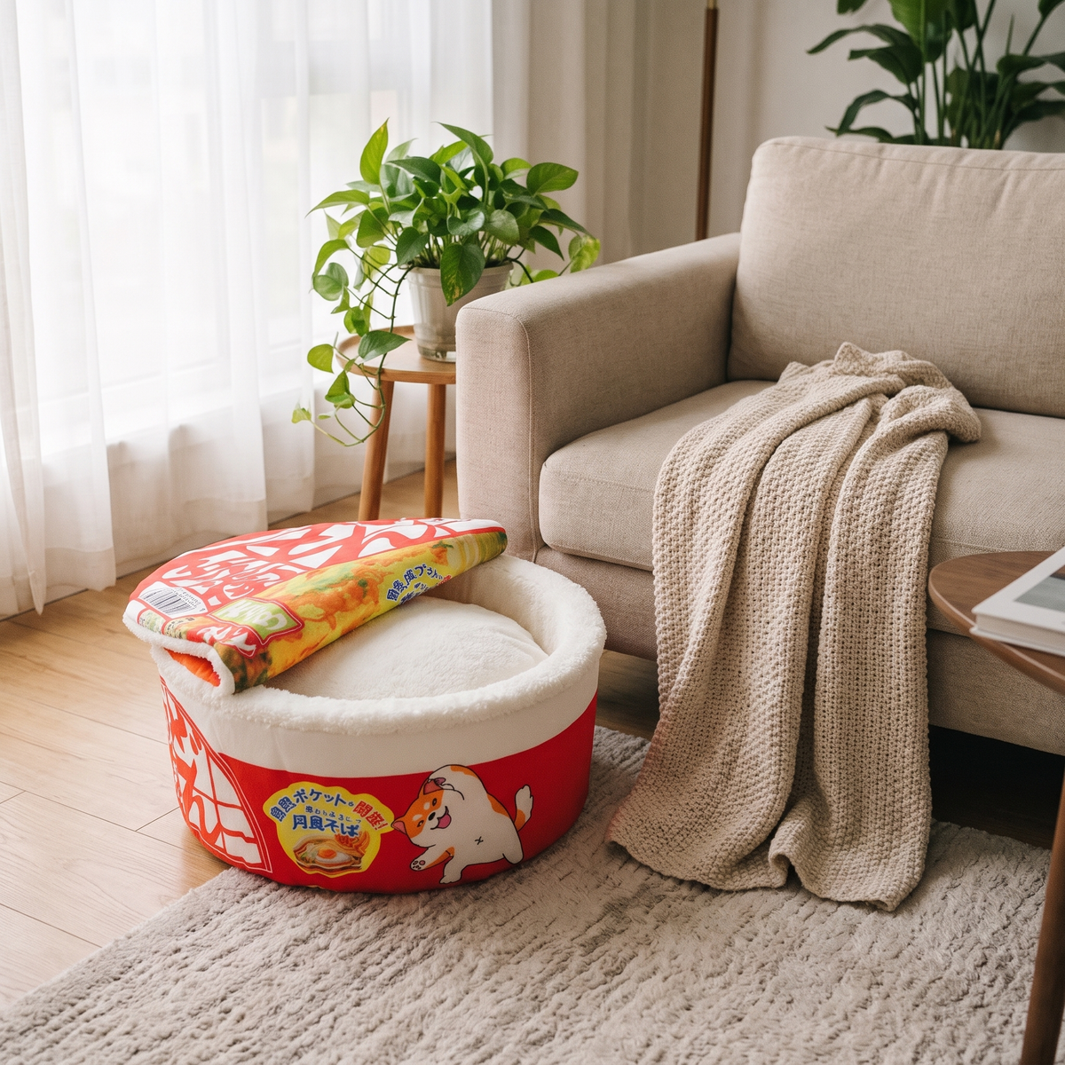 Twirl Fleece-Lined Noodle Cat Bed styled beside a sofa