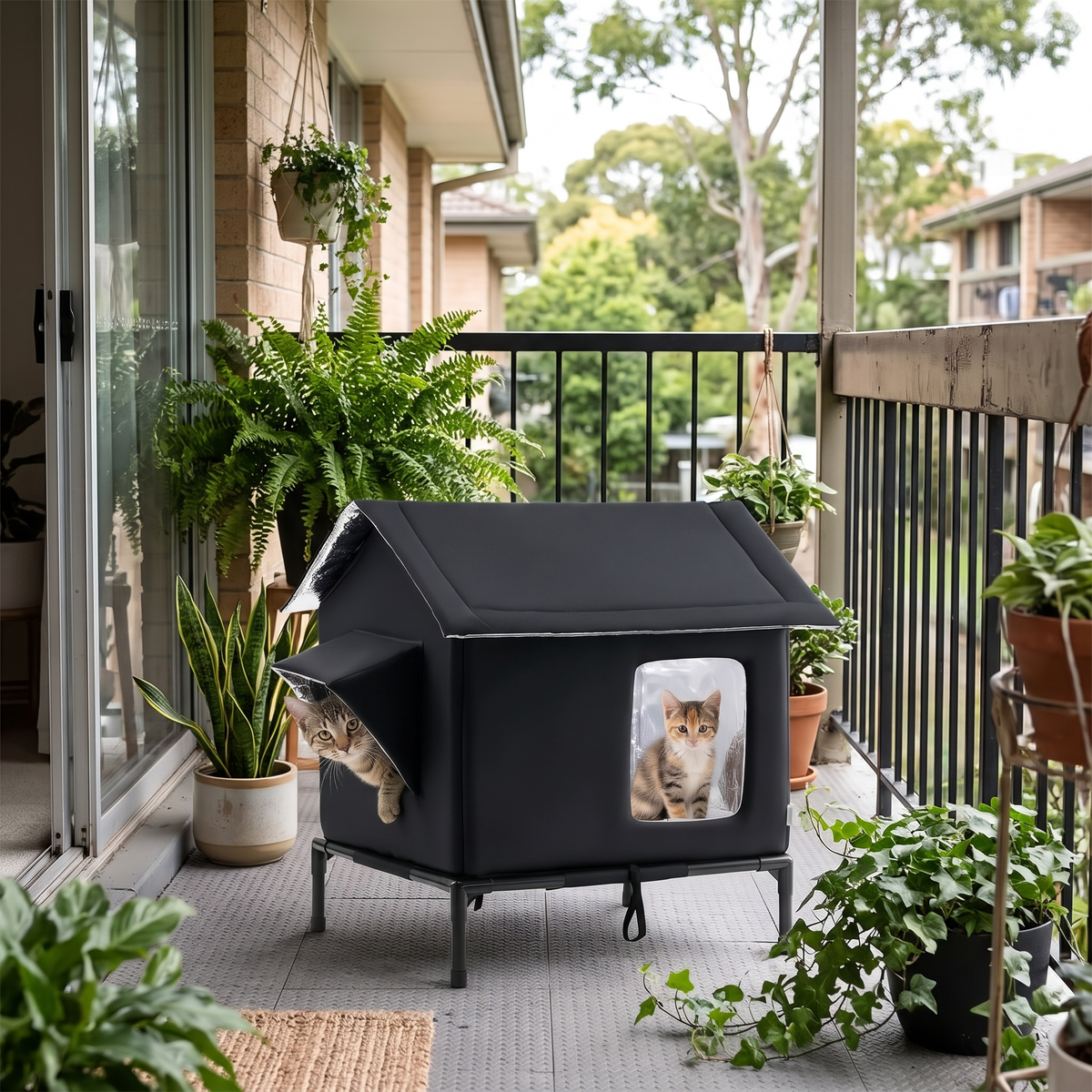 Haven Raised Weatherproof Pet House on a covered balcony