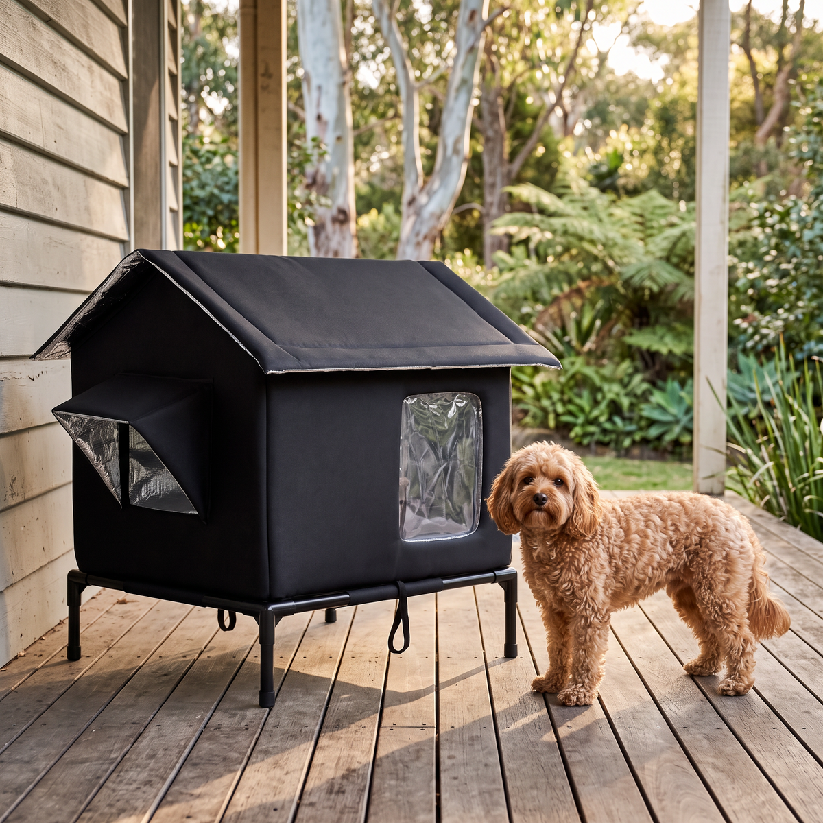 Haven Raised Weatherproof Pet House with a small dog on the verandah