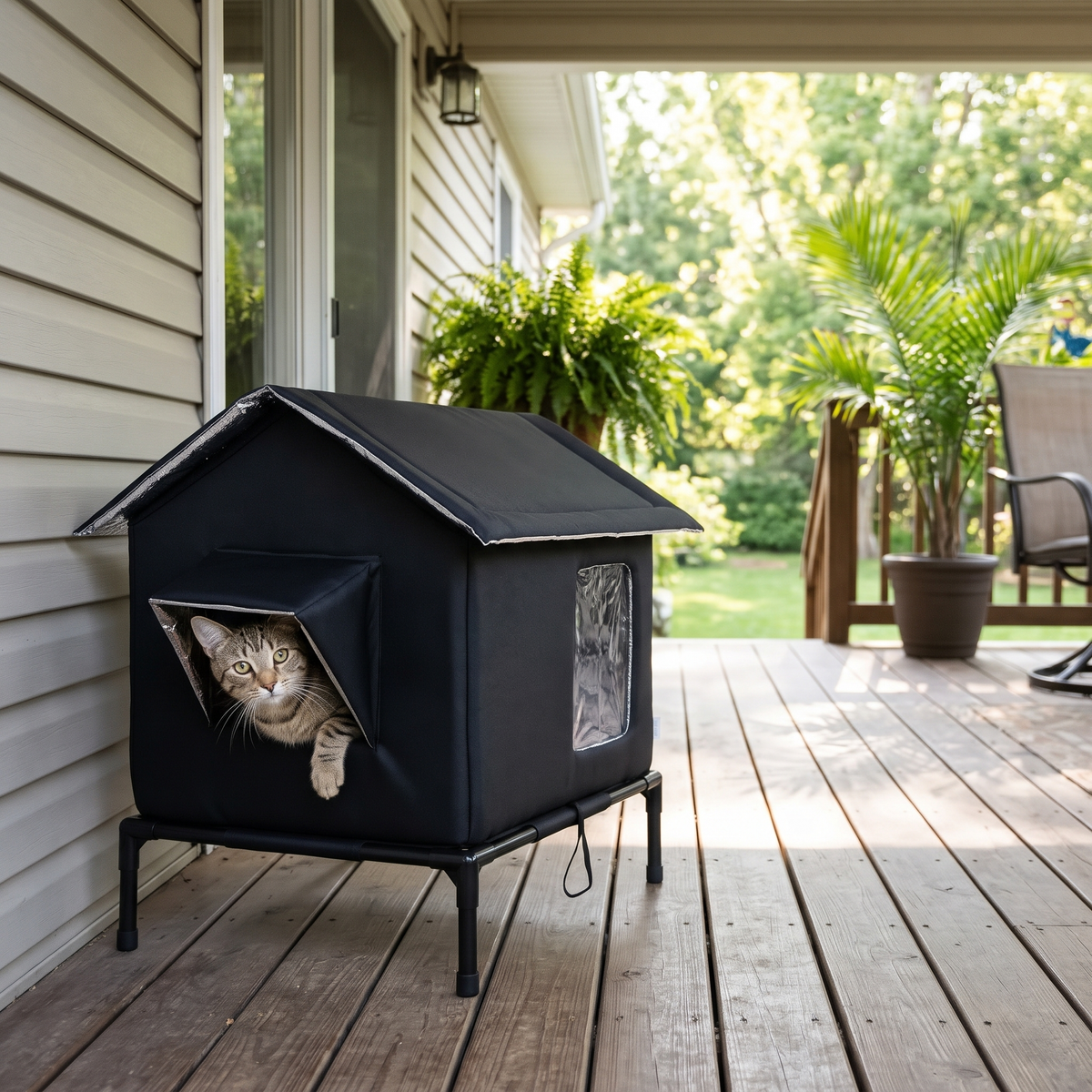 Haven Raised Weatherproof Pet House with a tabby on the patio