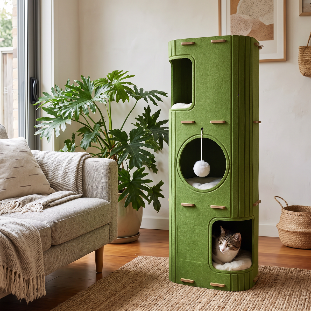Loft Enclosed Cat Nest with Climbing Frame styled beside a sofa