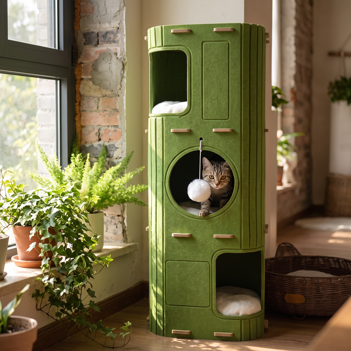 Loft Enclosed Cat Nest with Climbing Frame with a tabby peeking out