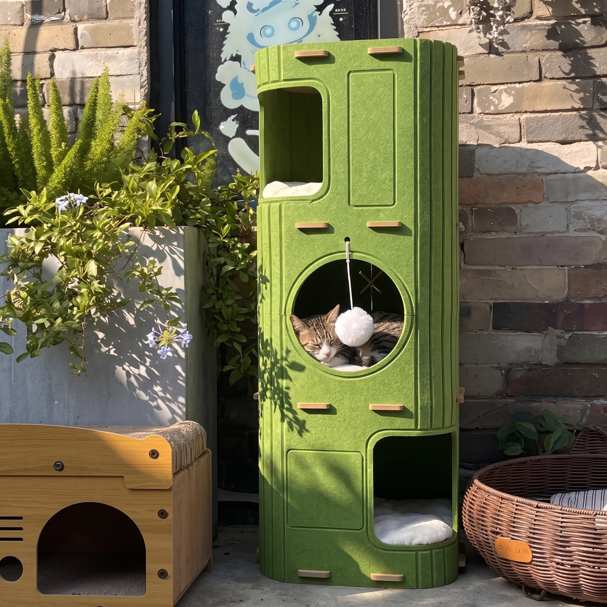 Loft Enclosed Cat Nest with Climbing Frame with a cat asleep
