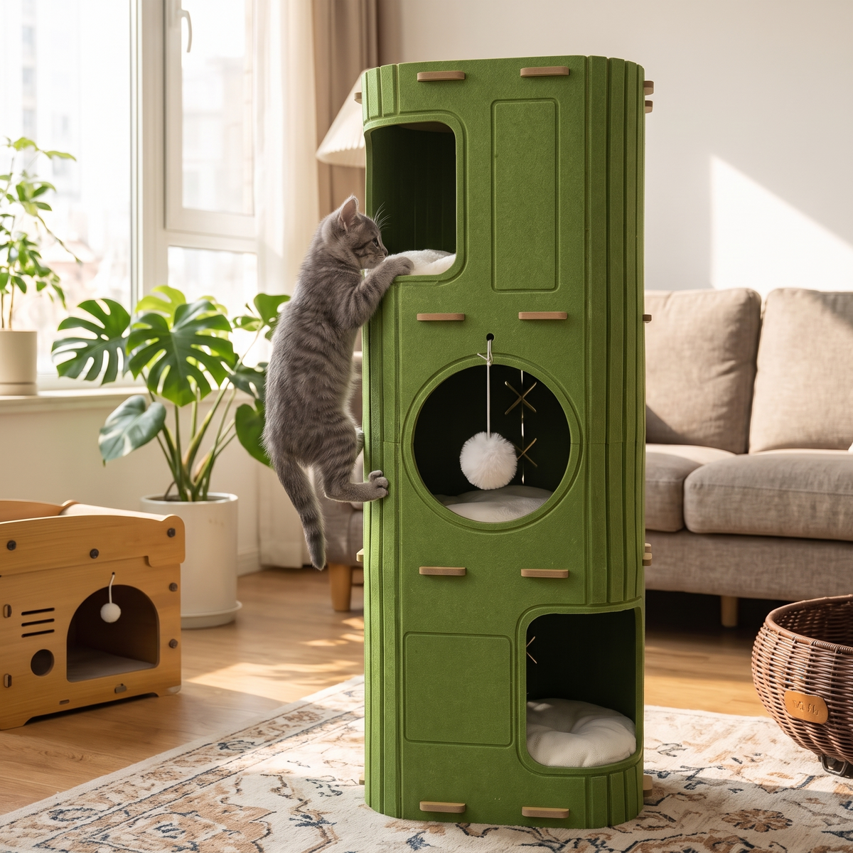 Loft Enclosed Cat Nest with Climbing Frame with a kitten climbing