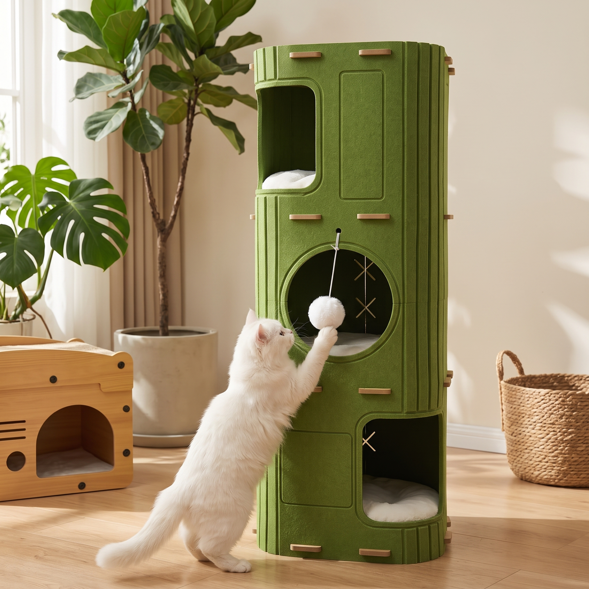 Loft Enclosed Cat Nest with Climbing Frame with a white cat playing