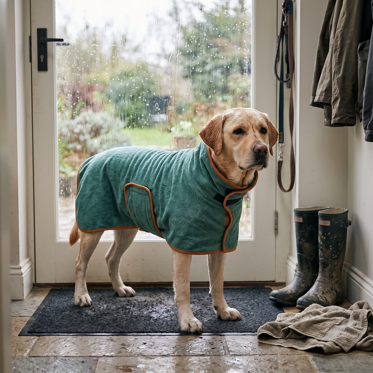 Snuggle Quick-Dry Dog Bathrobe Towel on a labrador by the back door