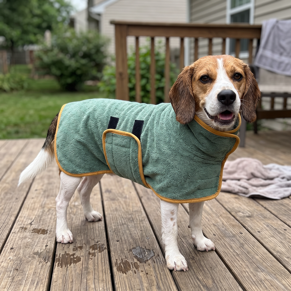 Snuggle Quick-Dry Dog Bathrobe Towel on a beagle on the deck