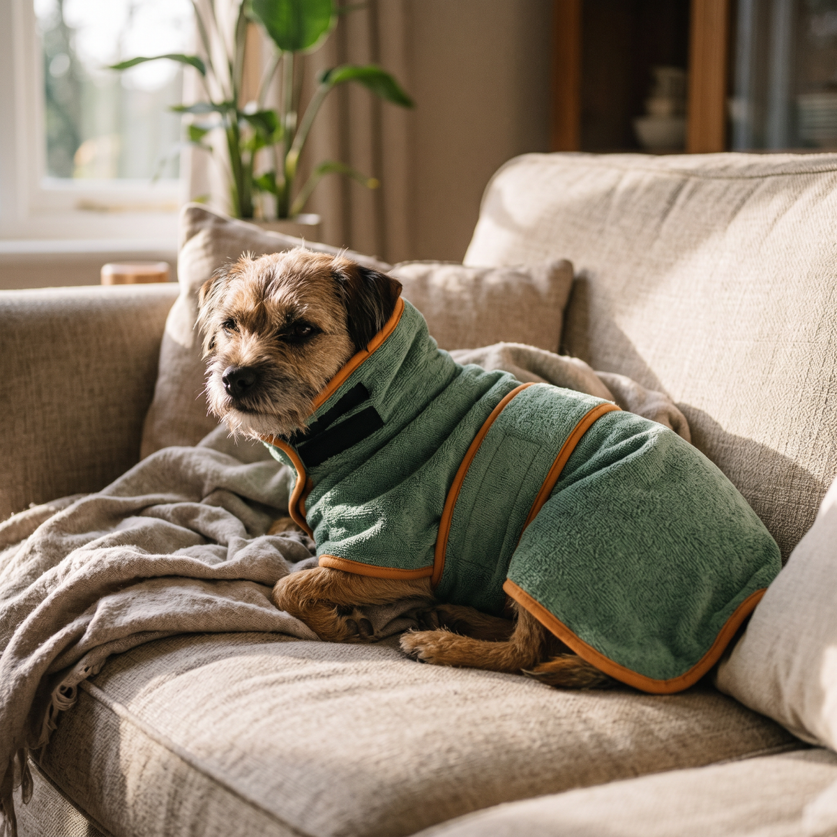 Snuggle Quick-Dry Dog Bathrobe Towel on a terrier on the sofa