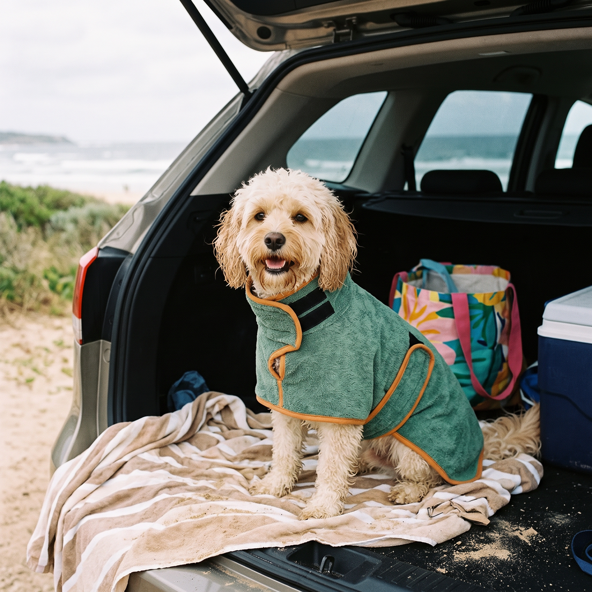 Snuggle Quick-Dry Dog Bathrobe Towel on a cavoodle after the beach