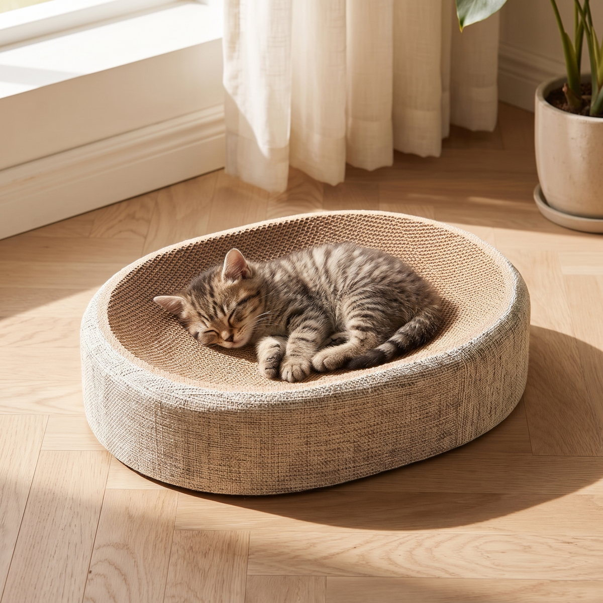 Weave Sisal Cat Scratcher Bed with a kitten asleep