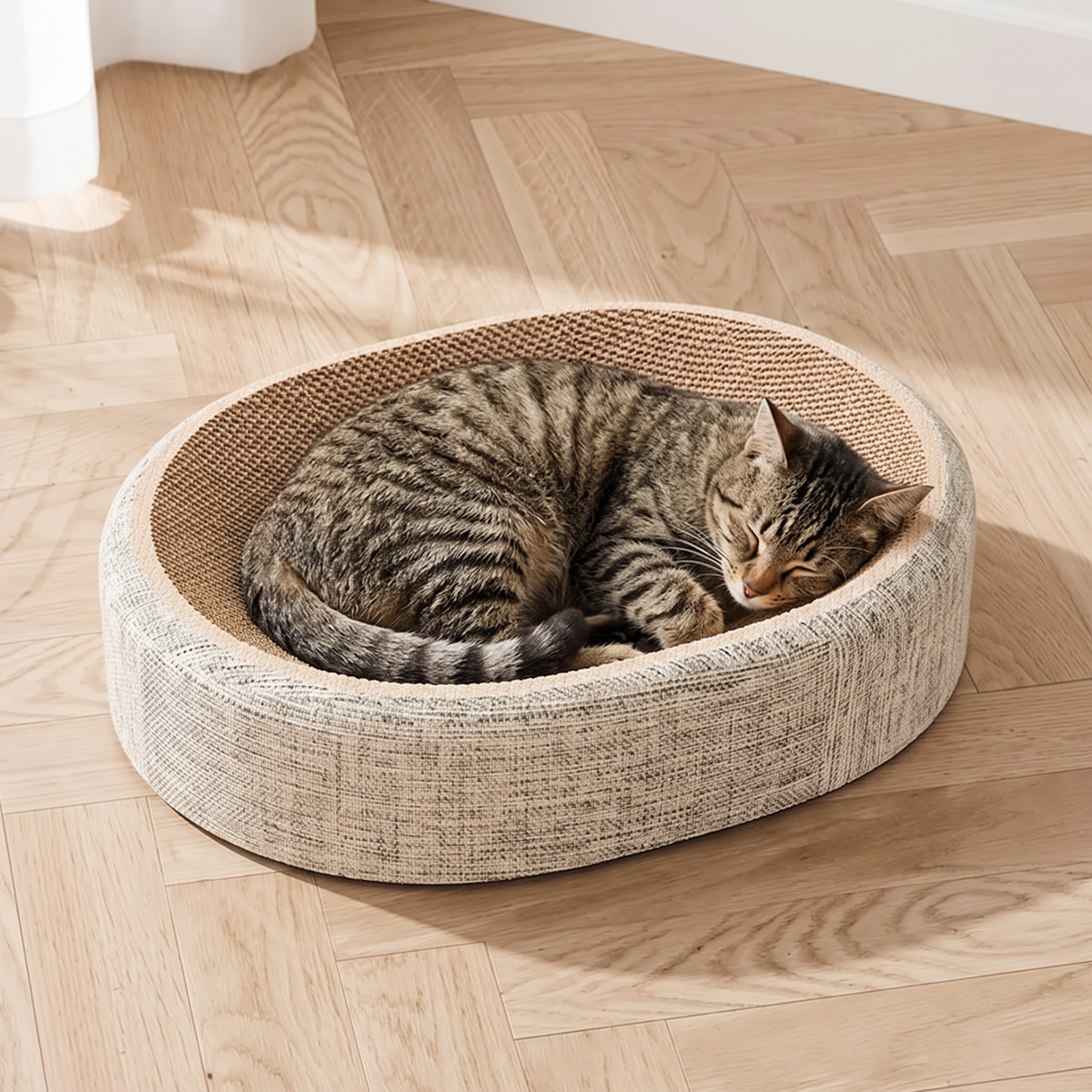 Weave Sisal Cat Scratcher Bed with a tabby curled up