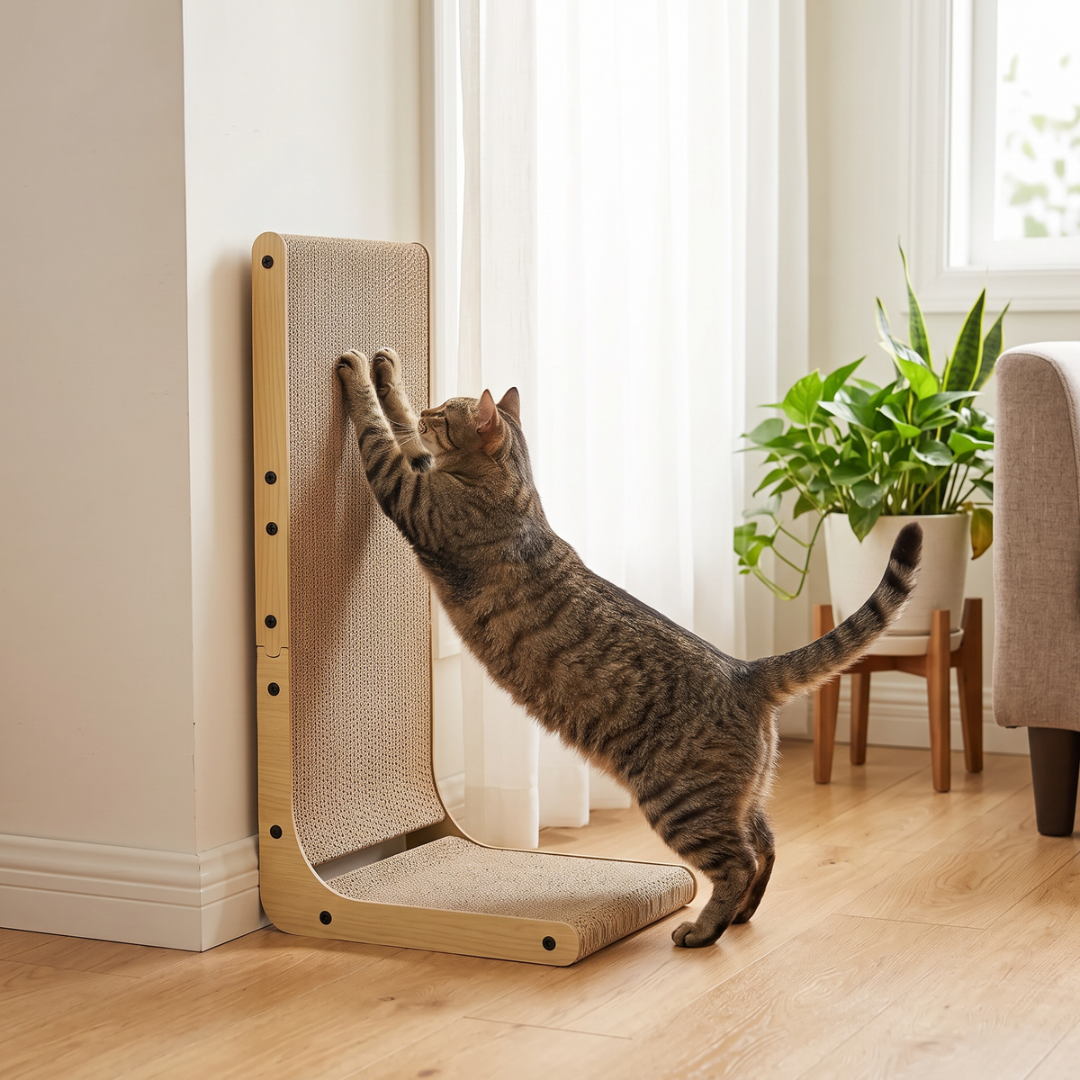 Corner L-Shape Cardboard Cat Scratcher with a tabby stretching