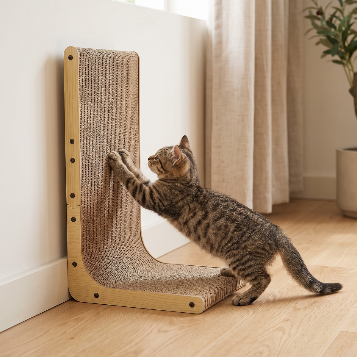 Corner L-Shape Cardboard Cat Scratcher with a kitten scratching