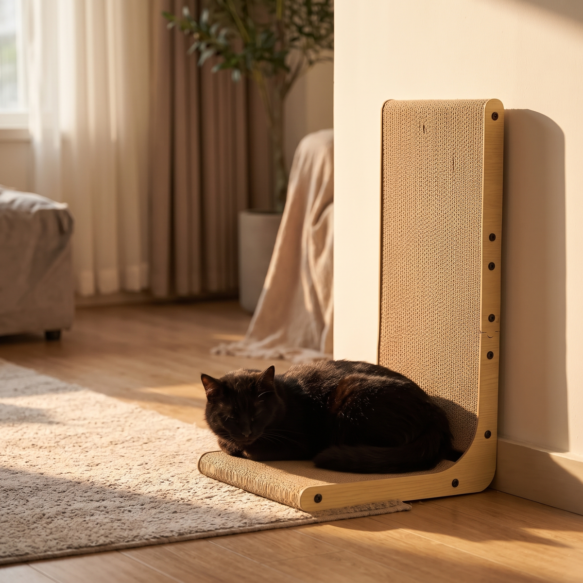 Corner L-Shape Cardboard Cat Scratcher with a black cat in the evening
