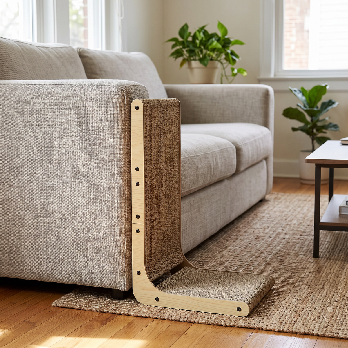 Corner L-Shape Cardboard Cat Scratcher protecting a sofa corner