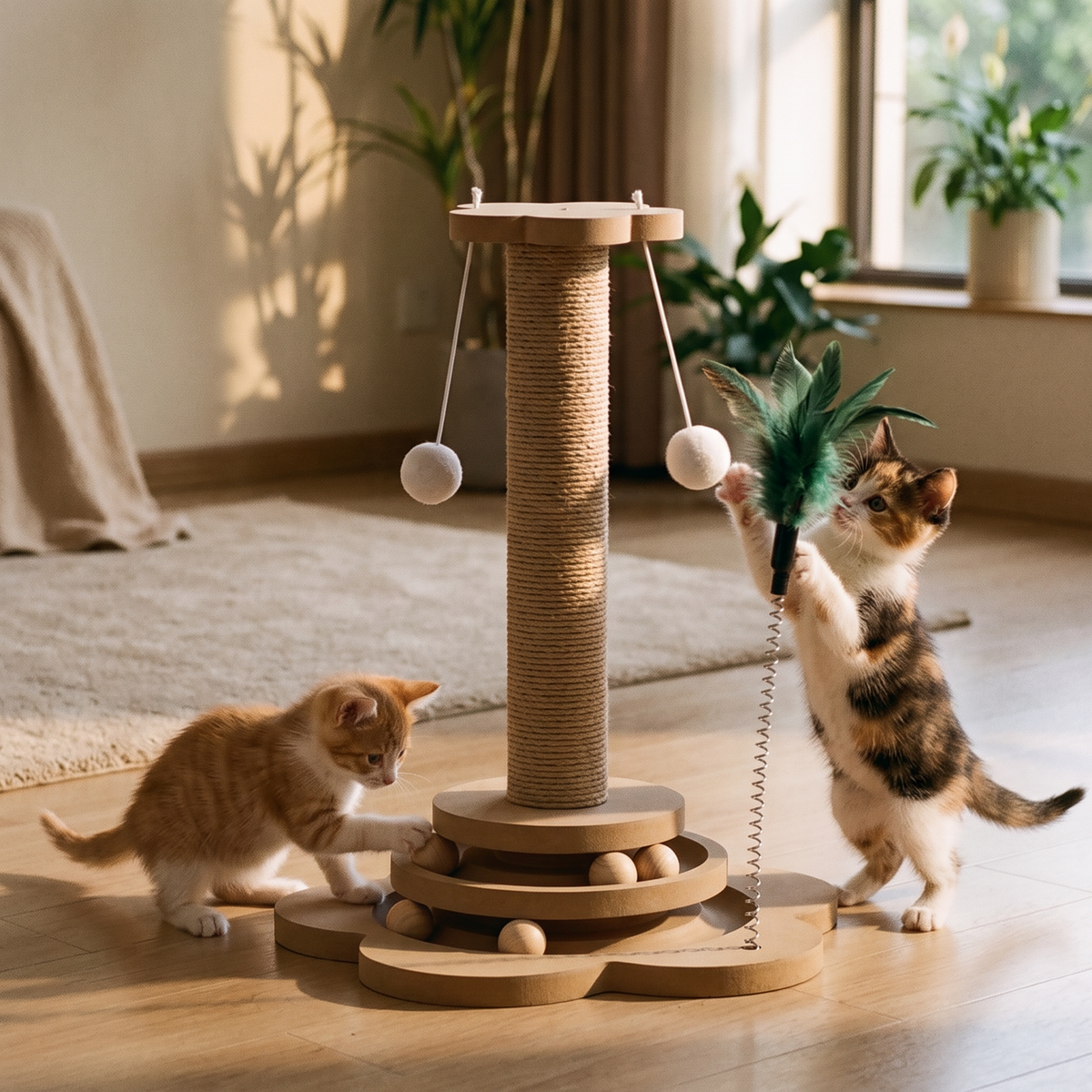 Spinner Wooden Cat Turntable Toy and Scratcher with two kittens playing