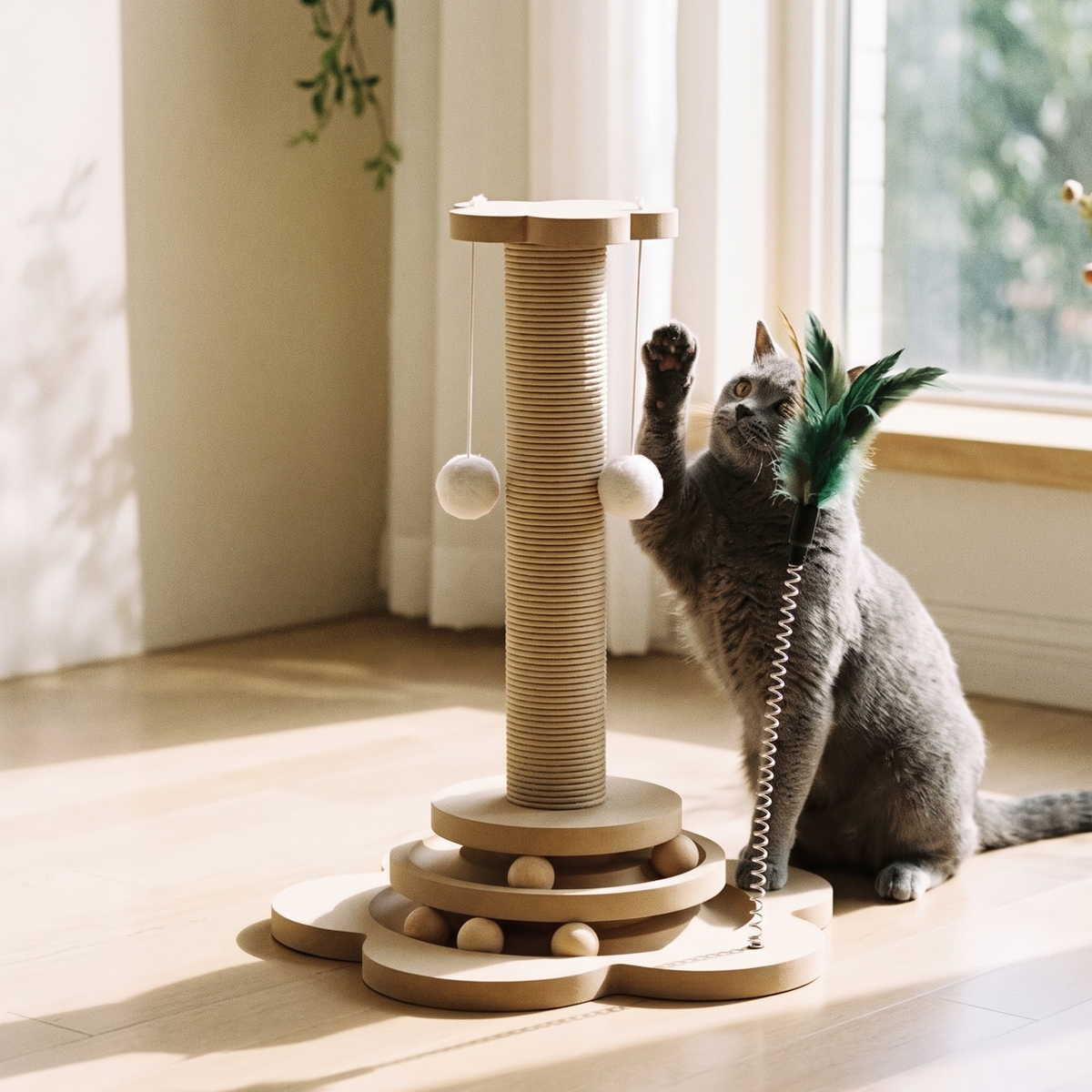 Spinner Wooden Cat Turntable Toy and Scratcher with a grey cat and feather wand
