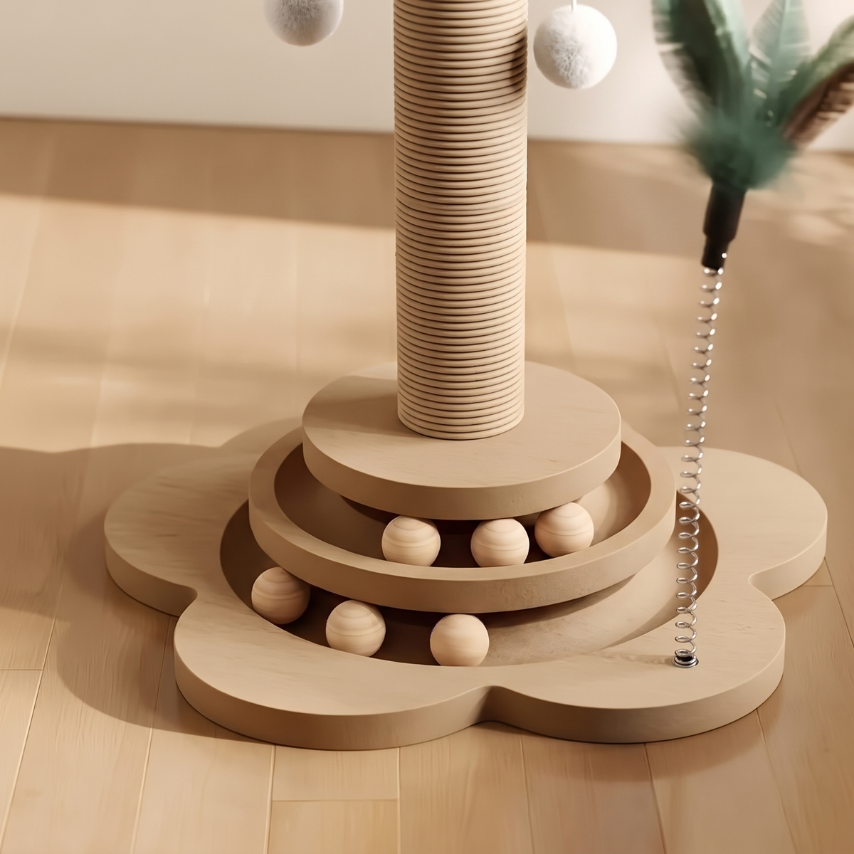 Spinner Wooden Cat Turntable Toy and Scratcher ball track close-up