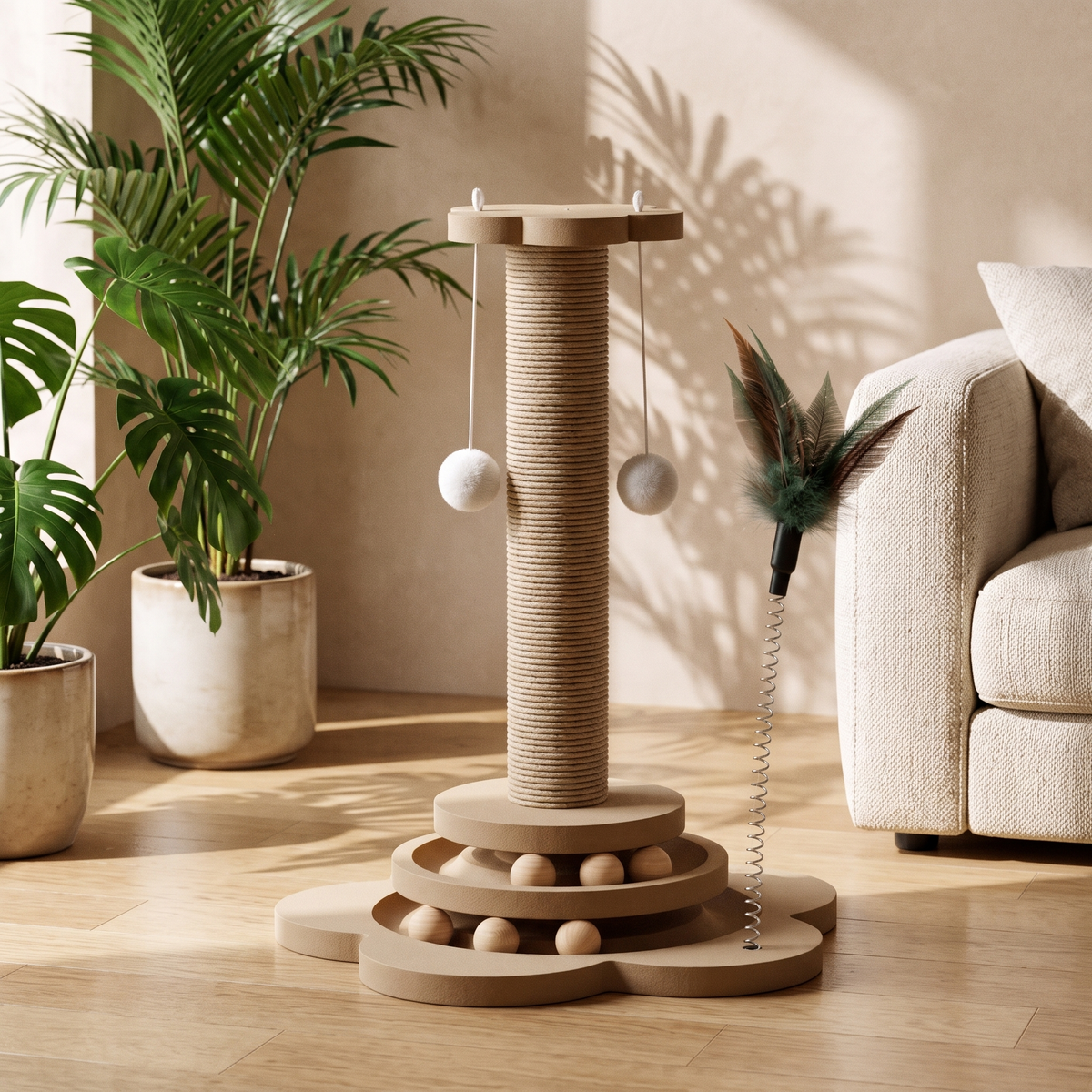 Spinner Wooden Cat Turntable Toy and Scratcher styled in a lounge corner