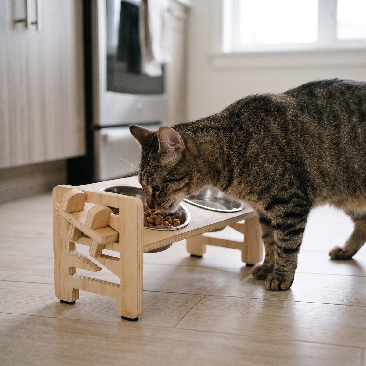 Tilt Elevated Cat Bowl Stand with a tabby cat eating