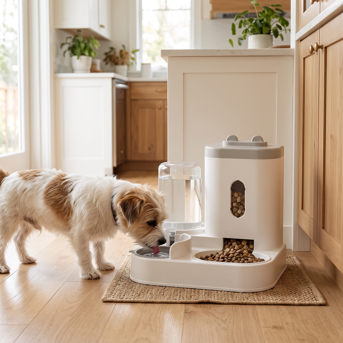 Refill Gravity Pet Feeder and Water Station with a small dog drinking