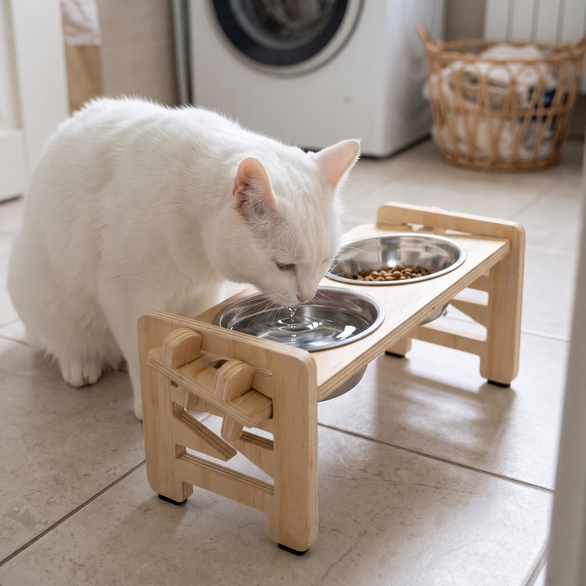 Tilt Elevated Cat Bowl Stand with a white cat drinking