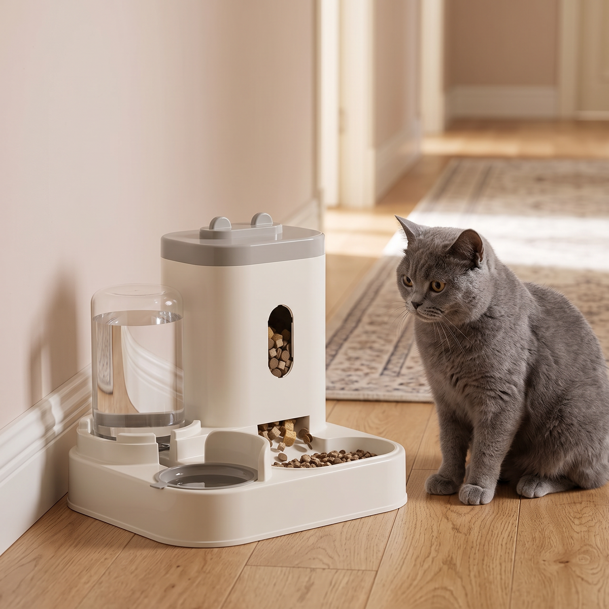 Refill Gravity Pet Feeder and Water Station with a grey cat