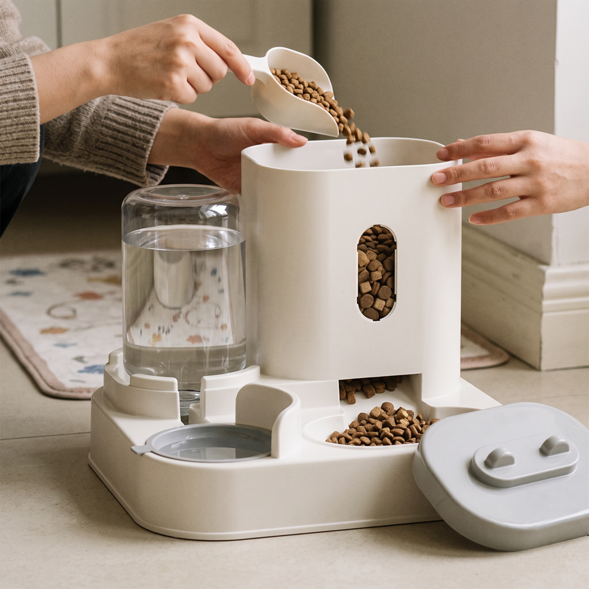 Refill Gravity Pet Feeder and Water Station being refilled