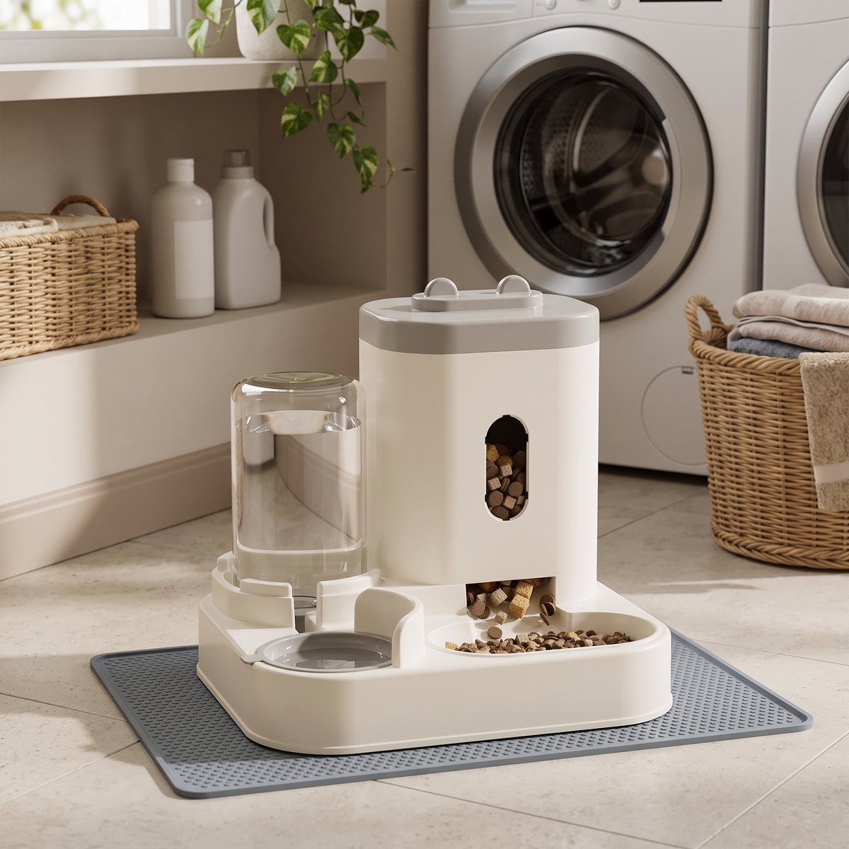 Refill Gravity Pet Feeder and Water Station on a feeding mat